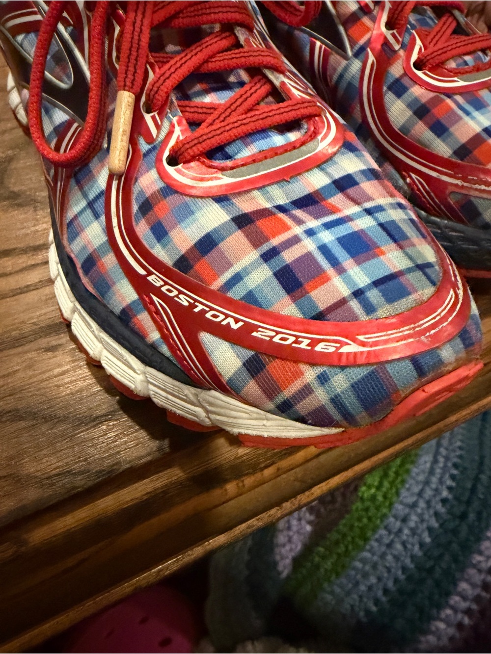 Brooks Red, Blue & White Plaid GTS shoes. 2016 Boston Marathon Running shoes - Picture 4 of 6